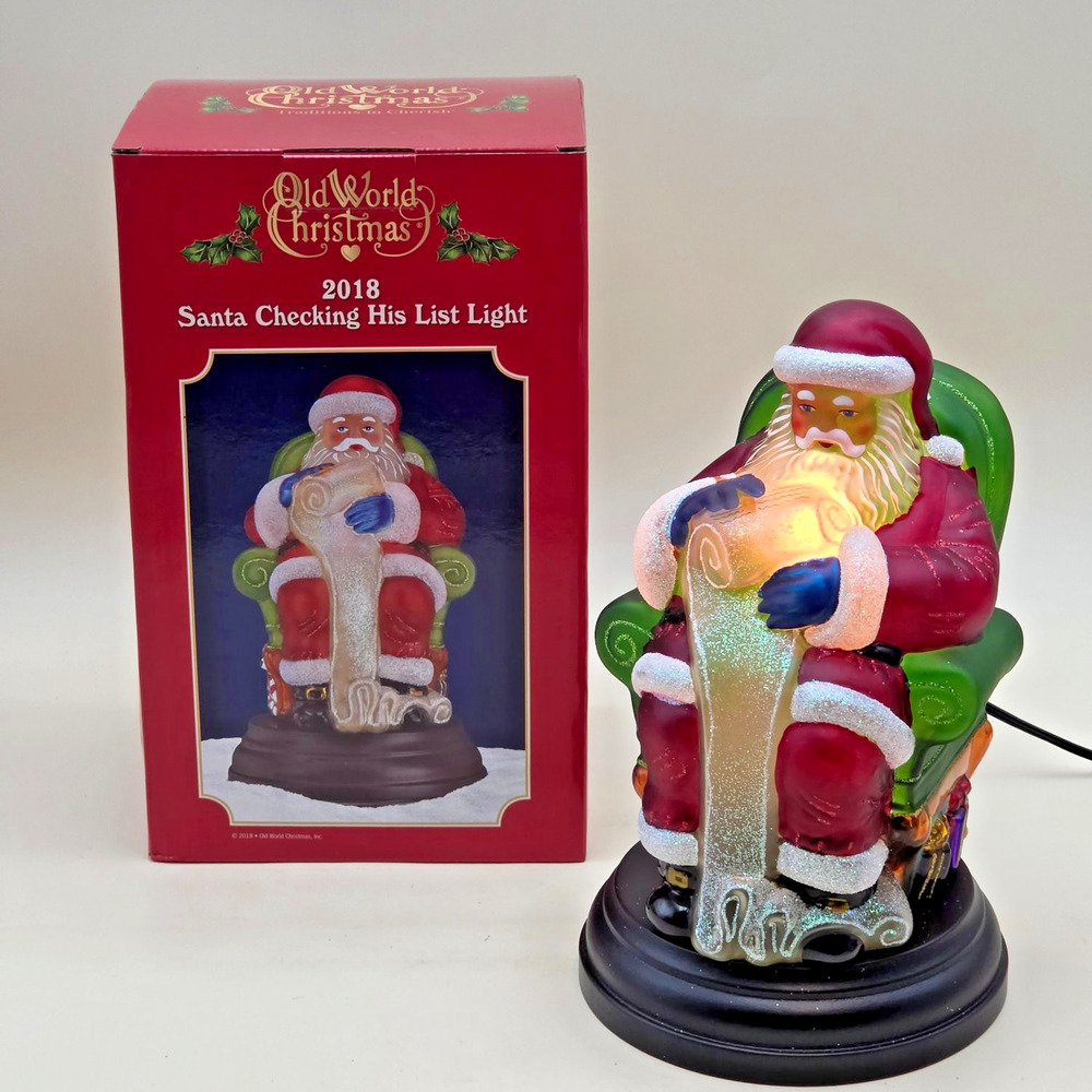 Old World Christmas 2018 Santa Checking His List Lighted Glass Figure #529778
